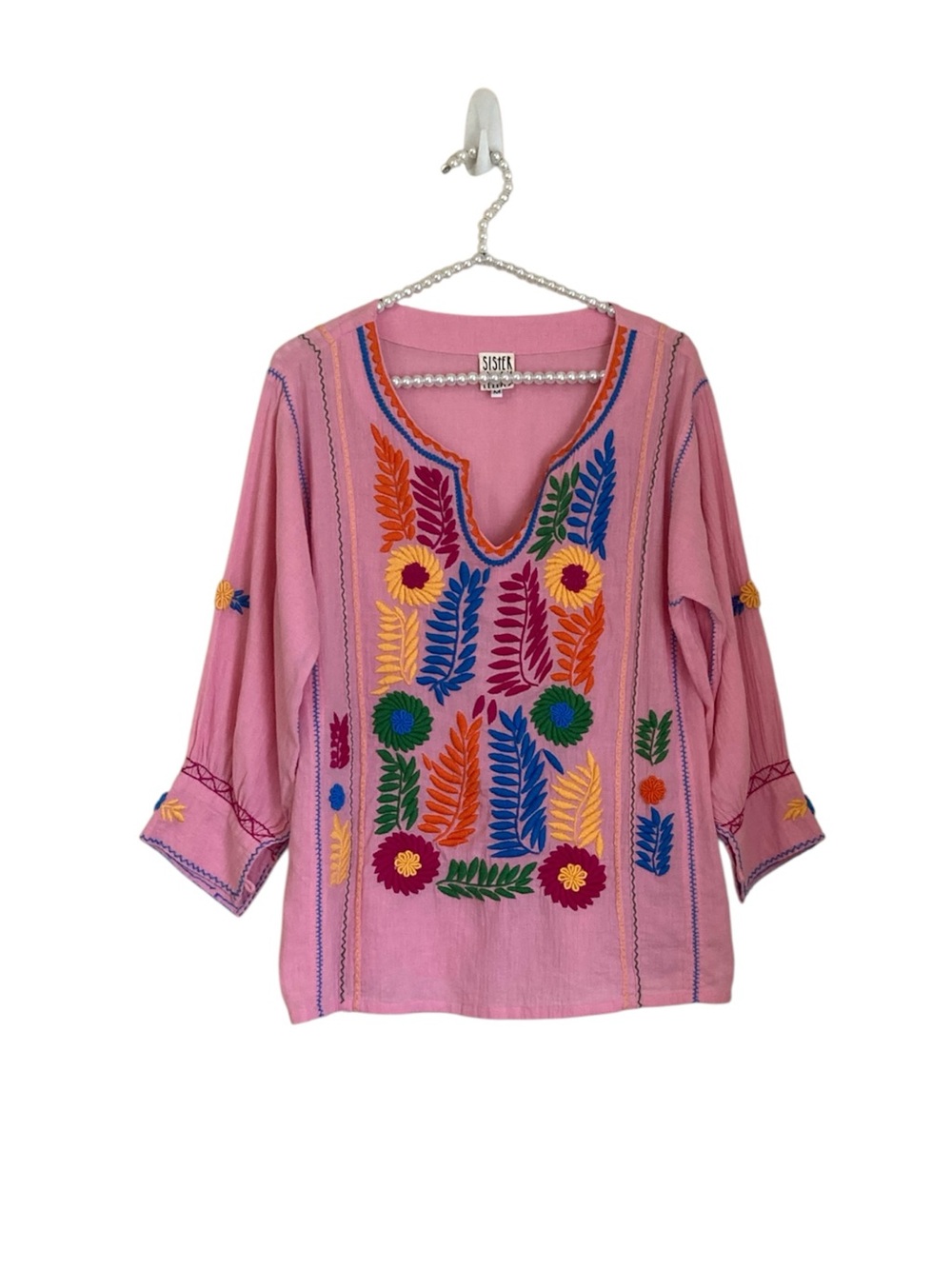 Sister Mary Medium Pink Cotton Sheer Embroidered Floral Boho Peasant Top